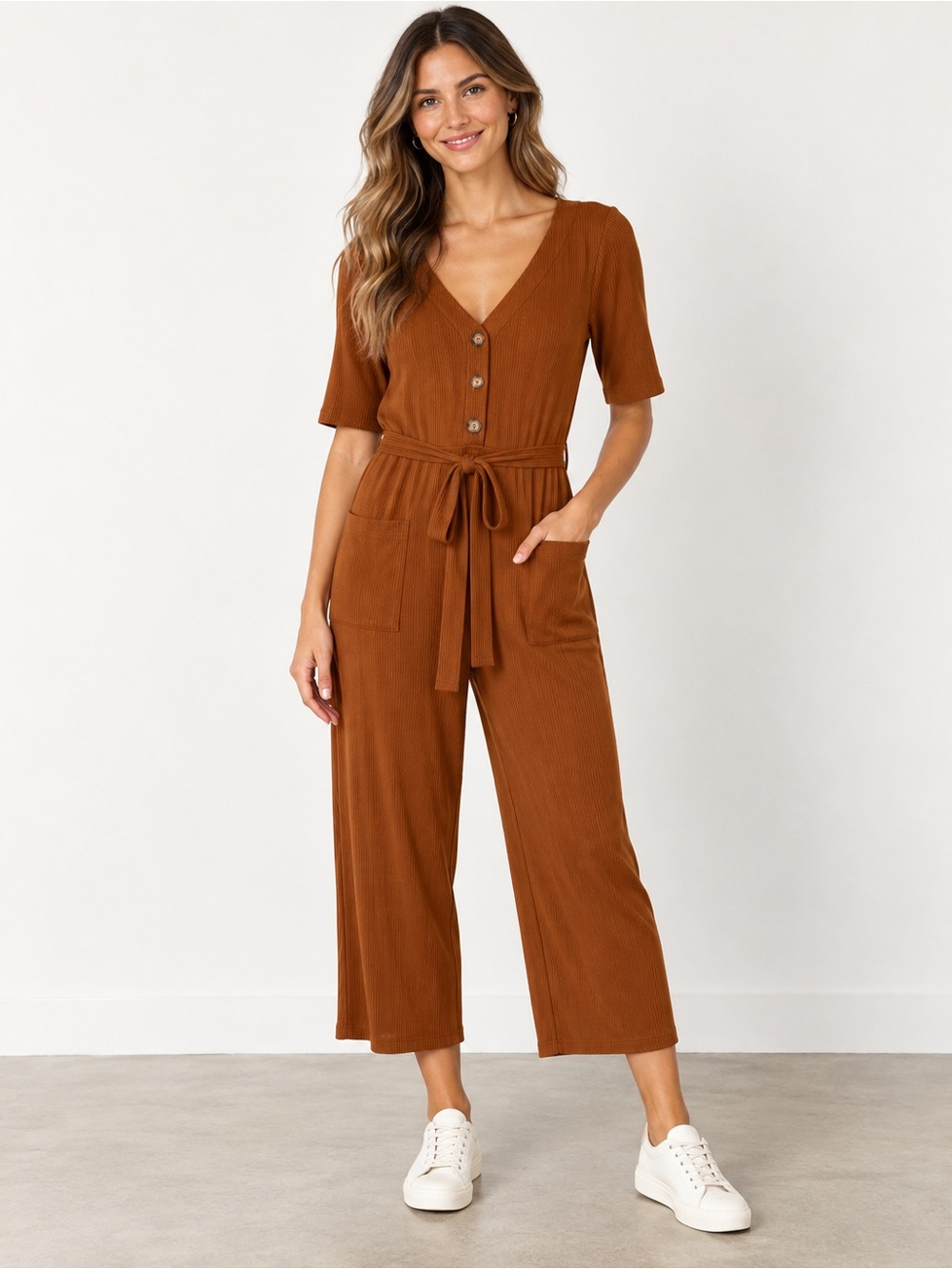 & Other Storires Rust Knit Short-Sleeve Wide-Leg Jumpsuit with Tie Waist Size 4